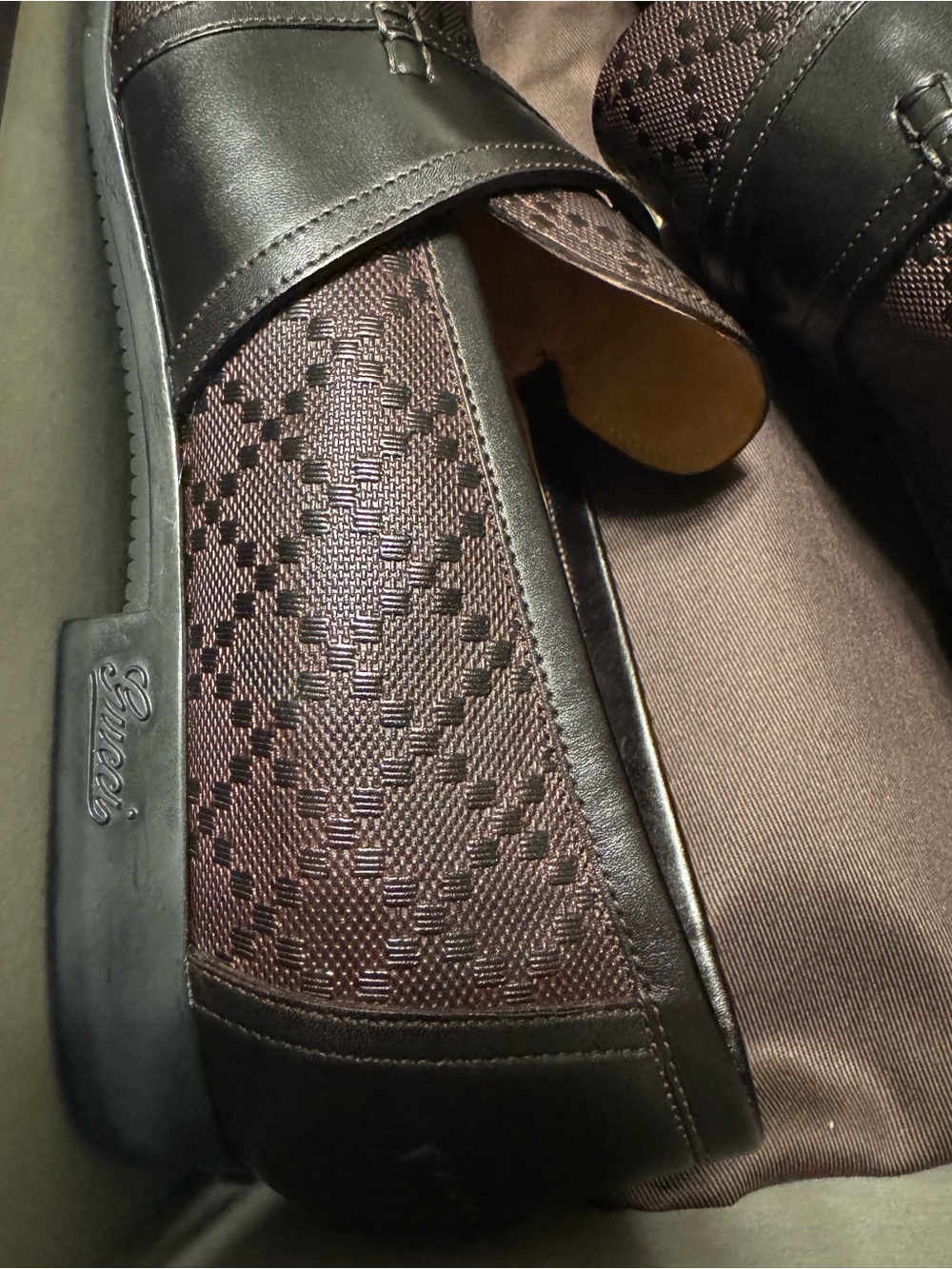 Gucci Dark Brown Patterned Leather Slip-On Loafers - Picture 3 of 8